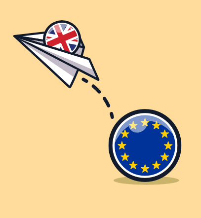 Brexit-2 Illustration of a paper plane with the UK flag flying away from a European Union symbol.