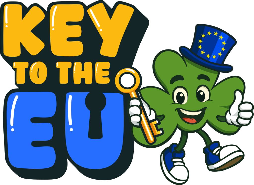 Key to the EU logo featuring Seamy Shamrock holding a key and giving a thumbs up.