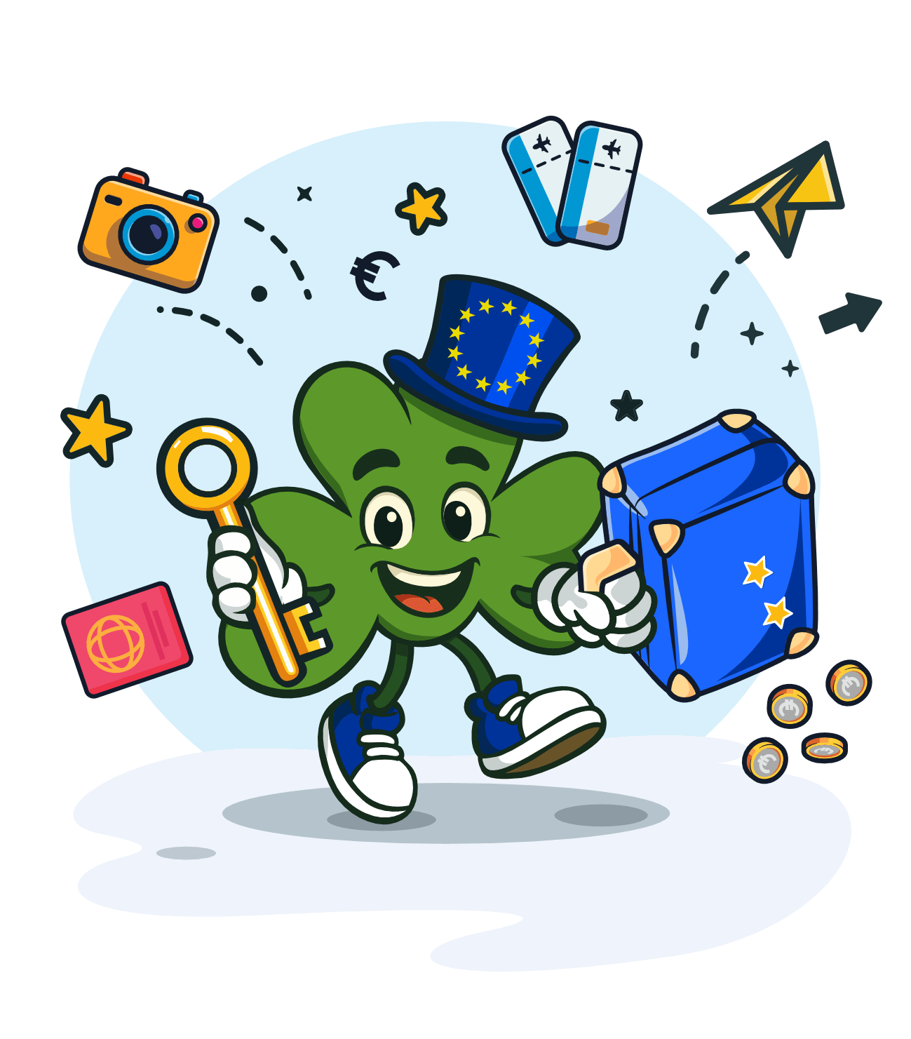 mascotte-header-1rst-2nd-class Seamy Shamrock holding a key, surrounded by balloons