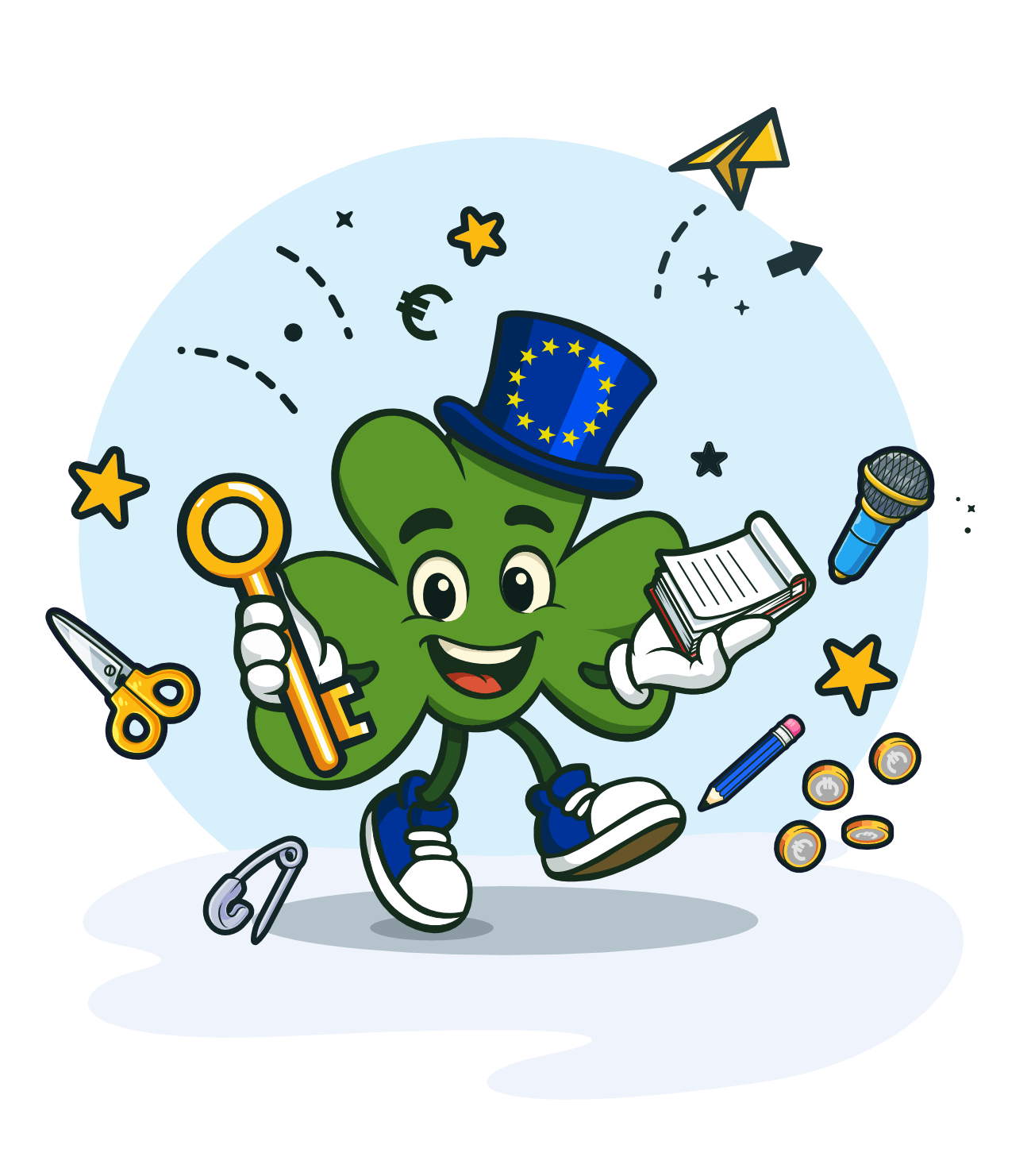 Seamy Shamrock holding a key, surrounded by balloons  