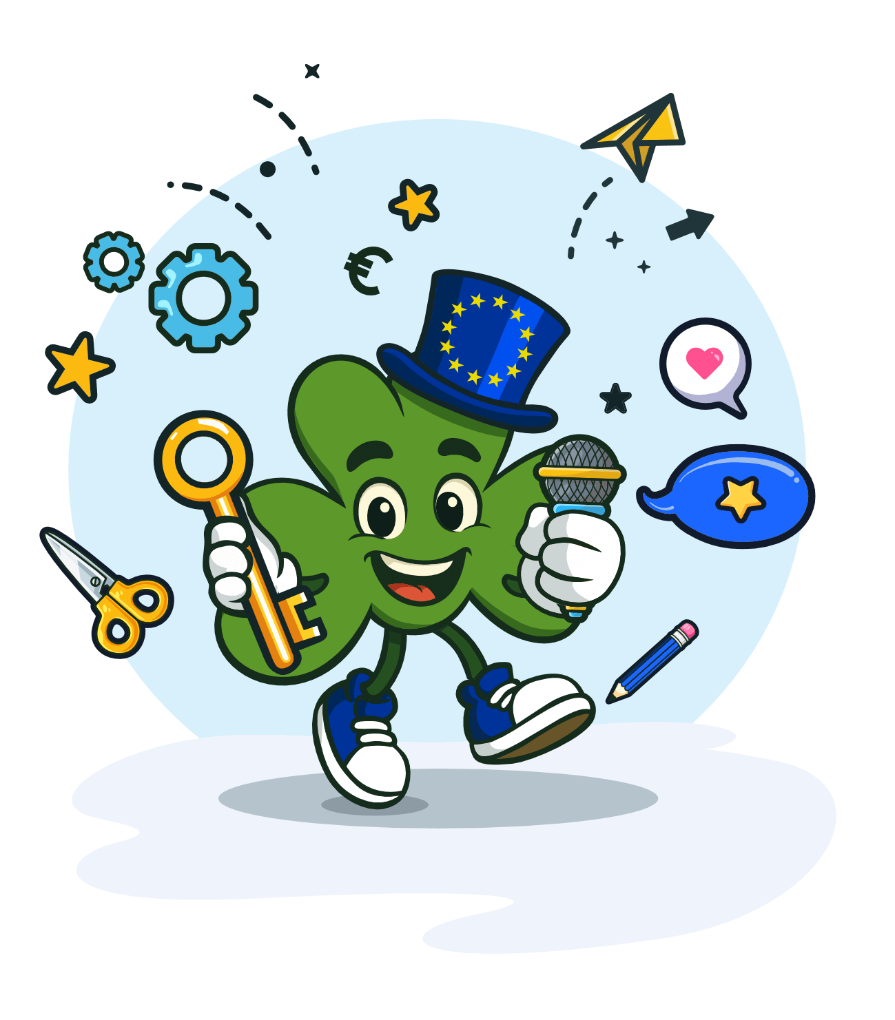 Seamy Shamrock holding a key, surrounded by balloons  