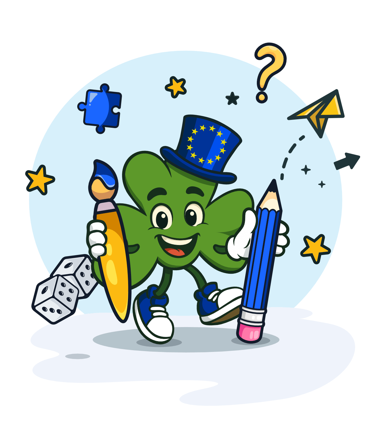 mascotte-header-activities Seamy Shamrock holding a pencil and a brush