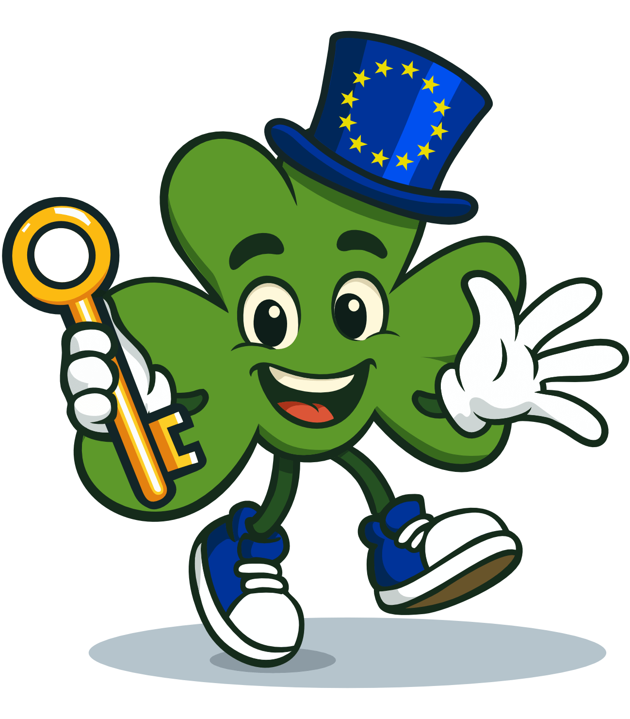 Seamy Shamrock holding a key, surrounded by balloons  