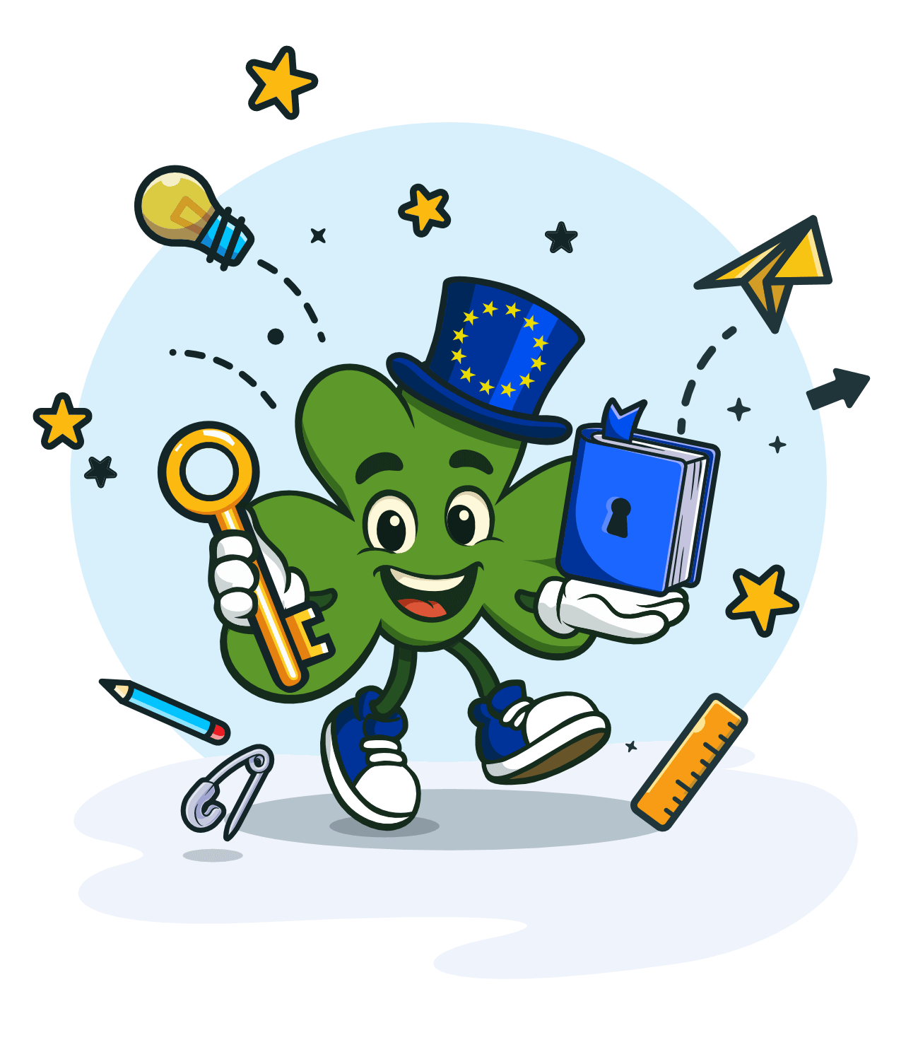 mascotte-header-lessons-04 Seamy Shamrock holding a key, surrounded by balloons