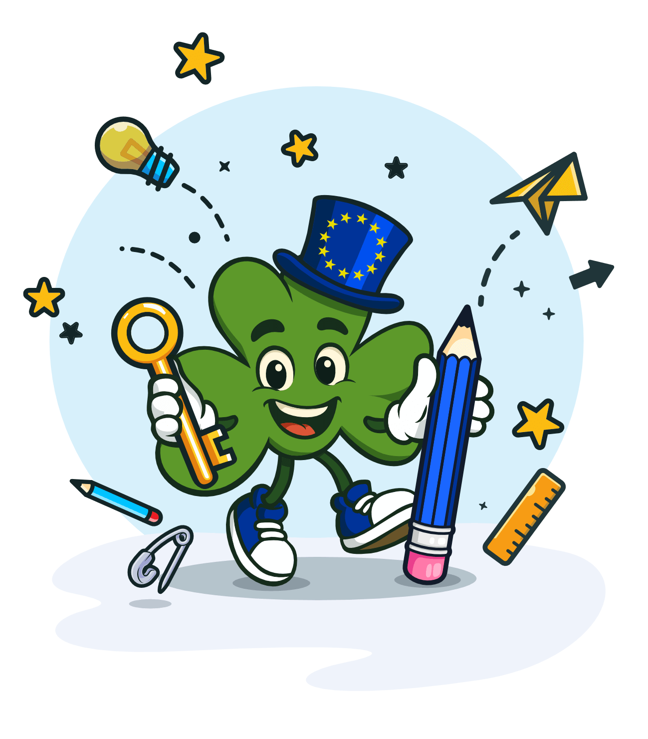 Seamy Shamrock holding a key and a pencil