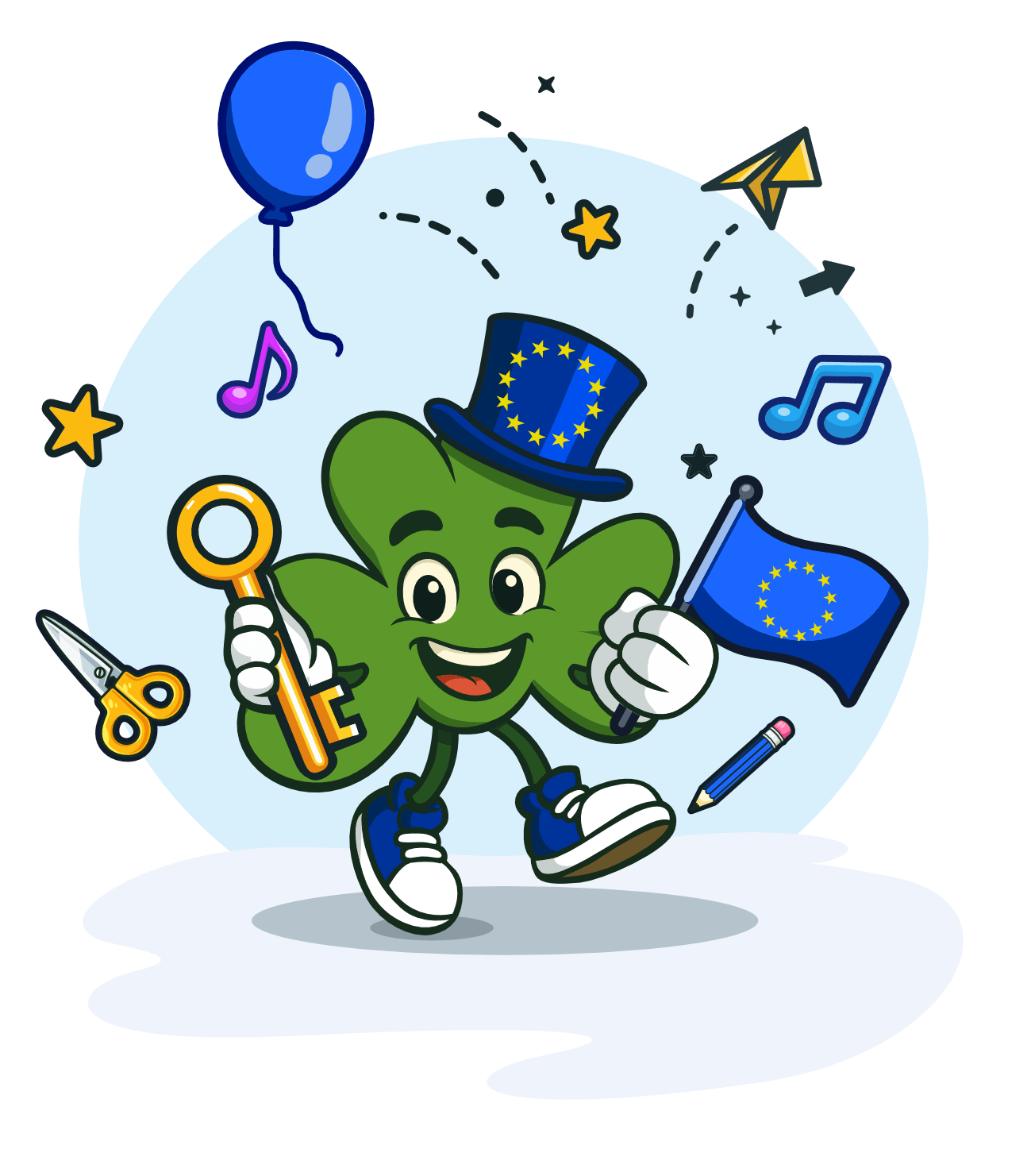 mascotte-header-projects Seamy Shamrock holding a key, surrounded by balloons