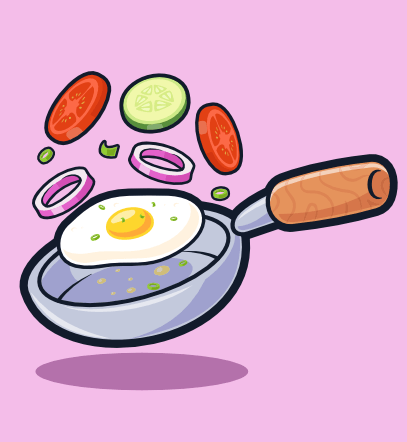 Illustration of a frying pan with a fried egg and floating vegetables